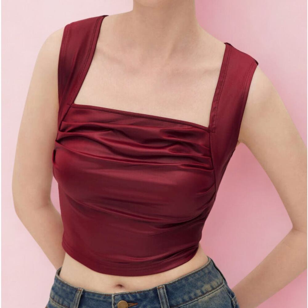 Cider Womens Wine Red Satin Cropped Top Size Small | Square Neck Ruched Tank NWT